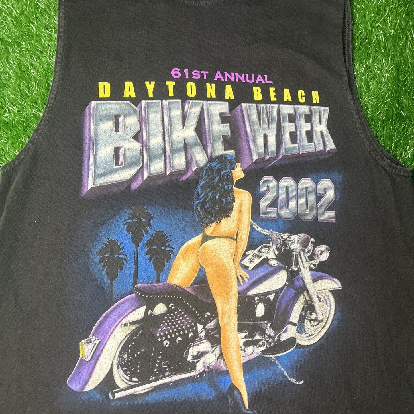 Vintage Y2K 2002 Daytona Florida Bike Week Pin Up Model Motorcycle Biker Tank Top Sleeveless Tee