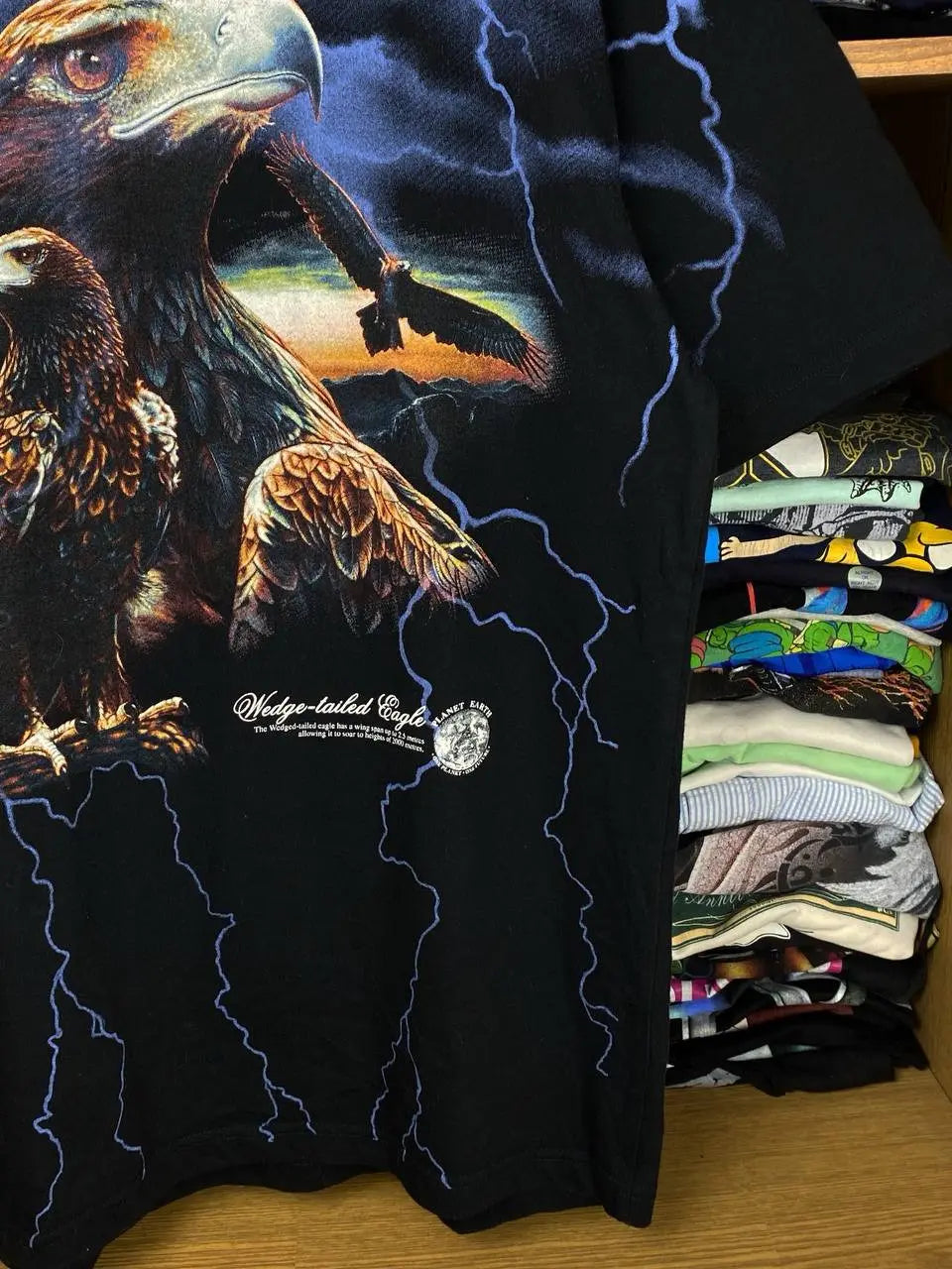 Vintage 1990 Planet Earth Australia Shirt Wedge-Tailed Eagle Lightning Bolts Animal AOP Graphic Tee