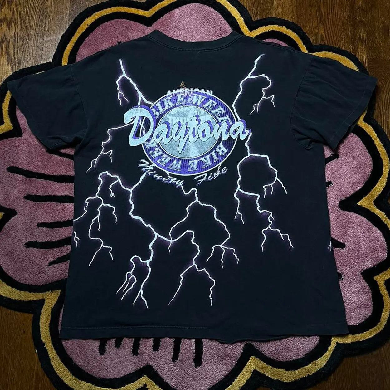 Vintage 90s American Thunder Daytona Bike Week All Over Print Shirt Skull Rattlesnake Forever Free Lightning Bolts AOP Single Stitch Carribean Dream Graphic Tee