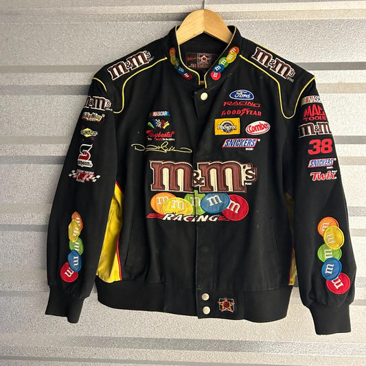 Vintage 90s M&M's Jeff Hamilton NASCAR Snickers Twix Goodyear Racing Jacket JH Design Elliot Sadler Bomber