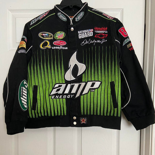 JR Nation 2010s Dale Earnhardt Jr Black & Green AMP Energy NASCAR Racing Jacket Mountain Dew Goodyear Chevy National Guard Bomber