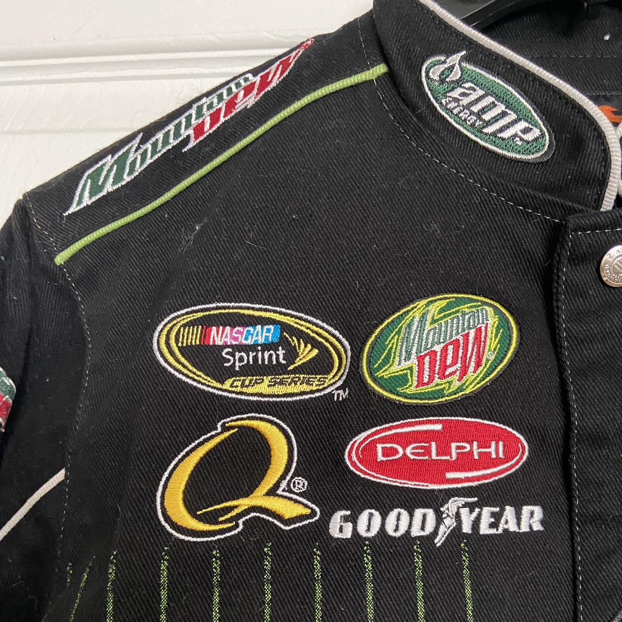 JR Nation 2010s Dale Earnhardt Jr Black & Green AMP Energy NASCAR Racing Jacket Mountain Dew Goodyear Chevy National Guard Bomber