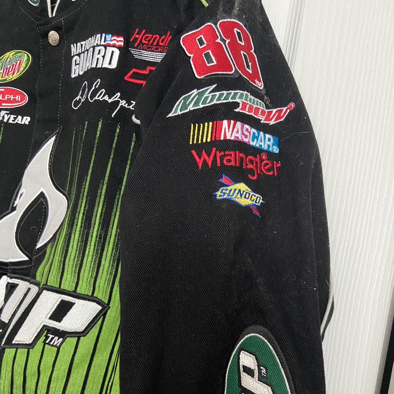 JR Nation 2010s Dale Earnhardt Jr Black & Green AMP Energy NASCAR Racing Jacket Mountain Dew Goodyear Chevy National Guard Bomber