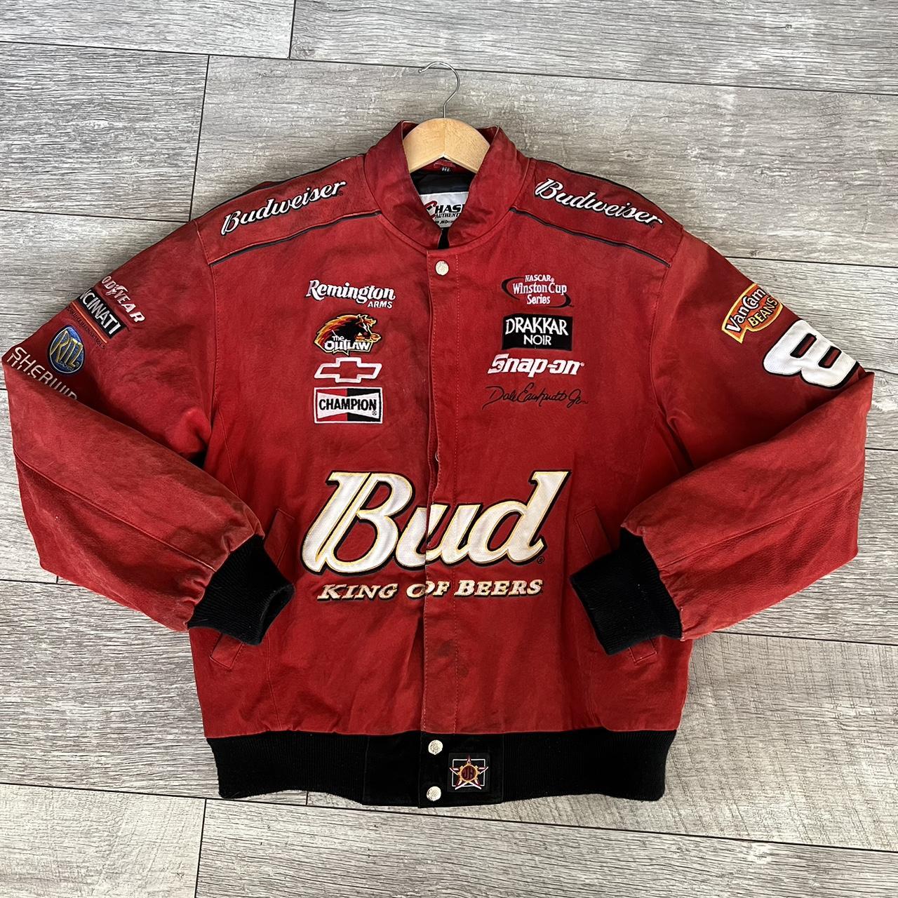 VTG 90s NASCAR Budweiser Bud King of Beers Suede Leather Racing Jacket Snap-on Remington Winston Cup Series Chase Authentics Bomber