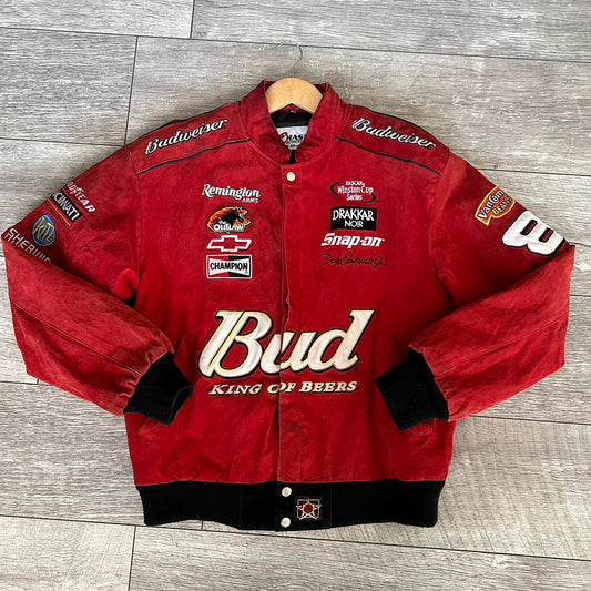 VTG 90s NASCAR Budweiser Bud King of Beers Suede Leather Racing Jacket Snap-on Remington Winston Cup Series Chase Authentics Bomber