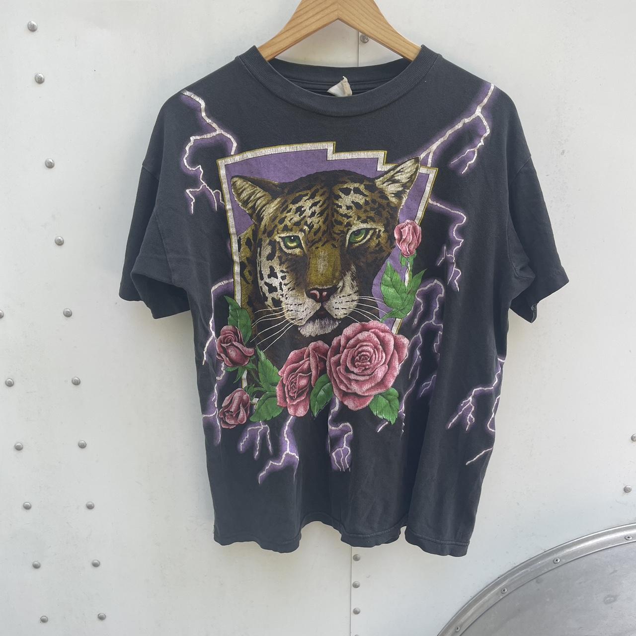 Vintage 90s American Thunder Shirt Jaguar Pink Roses Lightning Bolts AOP Single Stitch Graphic Tee