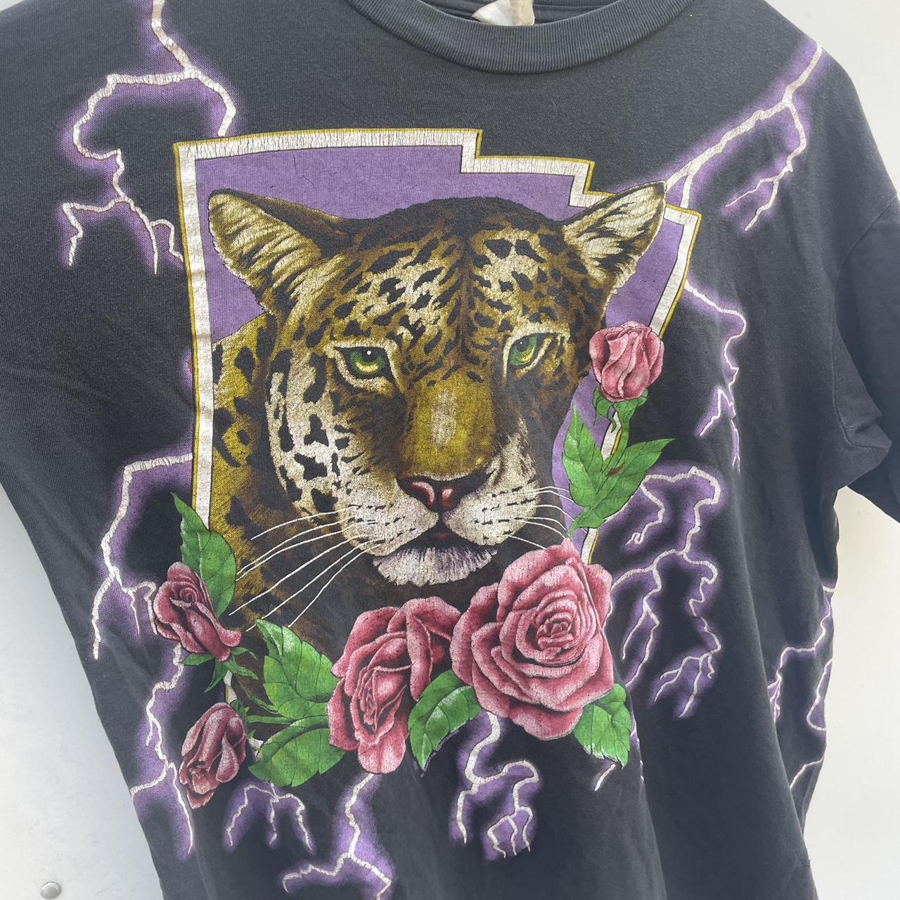 Vintage 90s American Thunder Shirt Jaguar Pink Roses Lightning Bolts AOP Single Stitch Graphic Tee