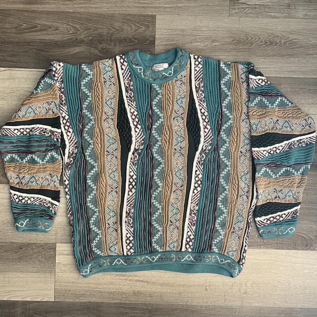 Vintage 90s RSM Coogi Style 3D Knit Striped Textured Cosby Sweater Biggie Jumper