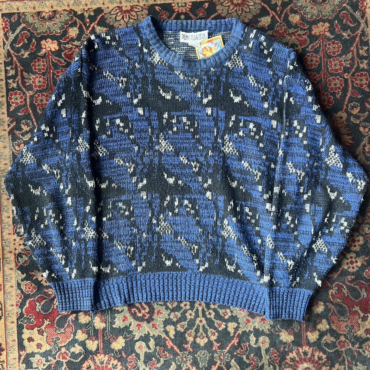 Vintage 80s Punctuation Cosby Style Sweater Abstract Crew Neck Cardigan Jumper