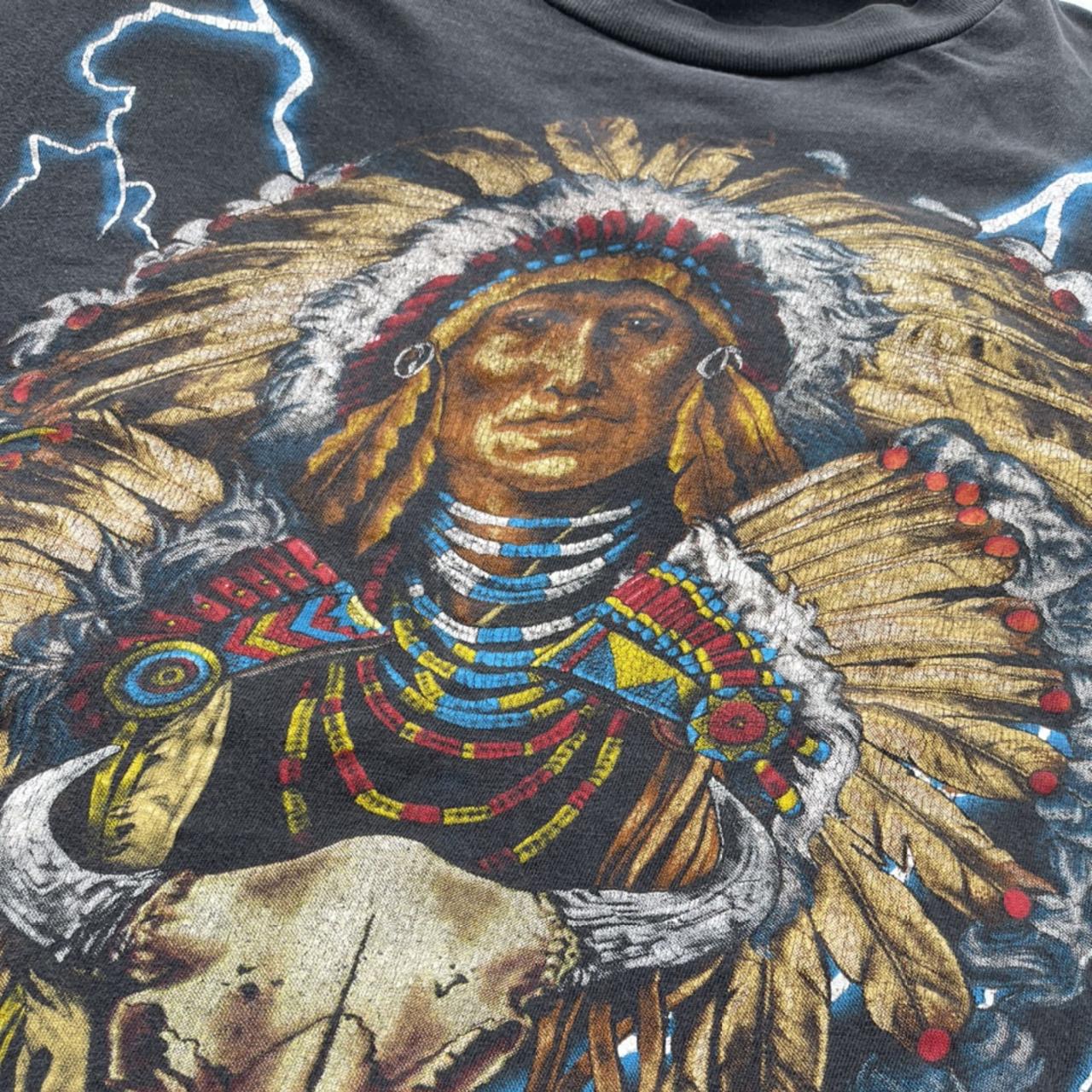 Vintage 90s American Thunder Shirt Wolf Native American Chief Lightning Bolts AOP Single Stitch Graphic Tee