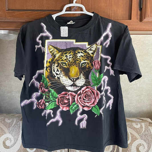 Vintage 90s American Thunder Shirt Jaguar Pink Roses Lightning Bolts AOP Single Stitch Graphic Tee