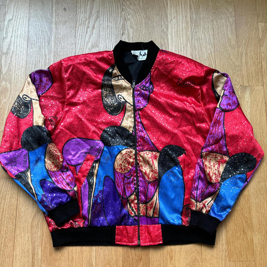 Vintage 80s AOP Picasso Satin Bomber Jacket AOP Cubism Abstract Art Full Zip Jacket Windbreaker