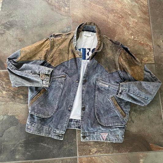 Vintage 80s GUESS Marty Mcfly leather jacket USA Denim Georges Marciano American Trucker Jean Jacket