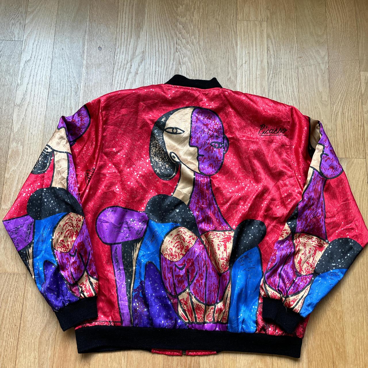 Vintage 80s AOP Picasso Satin Bomber Jacket AOP Cubism Abstract Art Full Zip Jacket Windbreaker