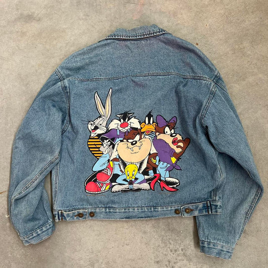 Vintage 90s Looney Tunes Silkscreened Trucker Jacket Embroidered Bomber&nbsp;