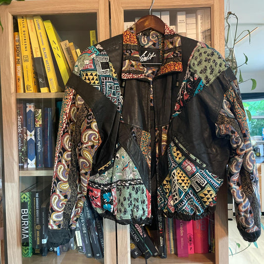 Vintage 80s Winlit Colorful Leather Jacket Patchwork Floral Japan Harajuku Style Bomber