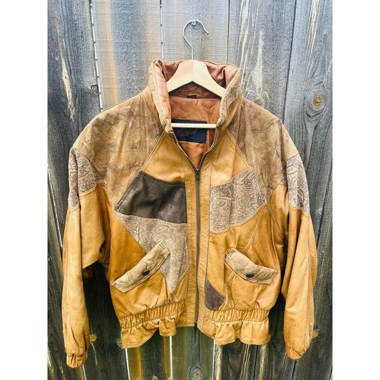 Vintage 80s Winlit Patchwork Leather Suede Jacket&nbsp;Gold Floral Design Bomber