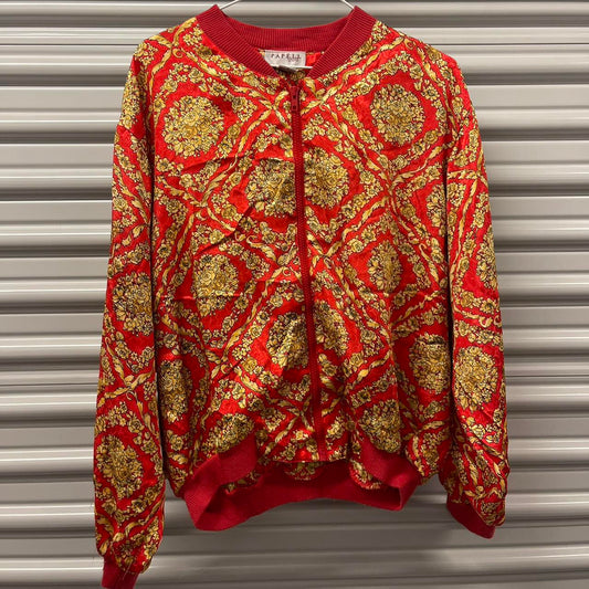 Vintage 80s Versace Style Papell Too Gold & Red AOP Bomber Jacket Jumper