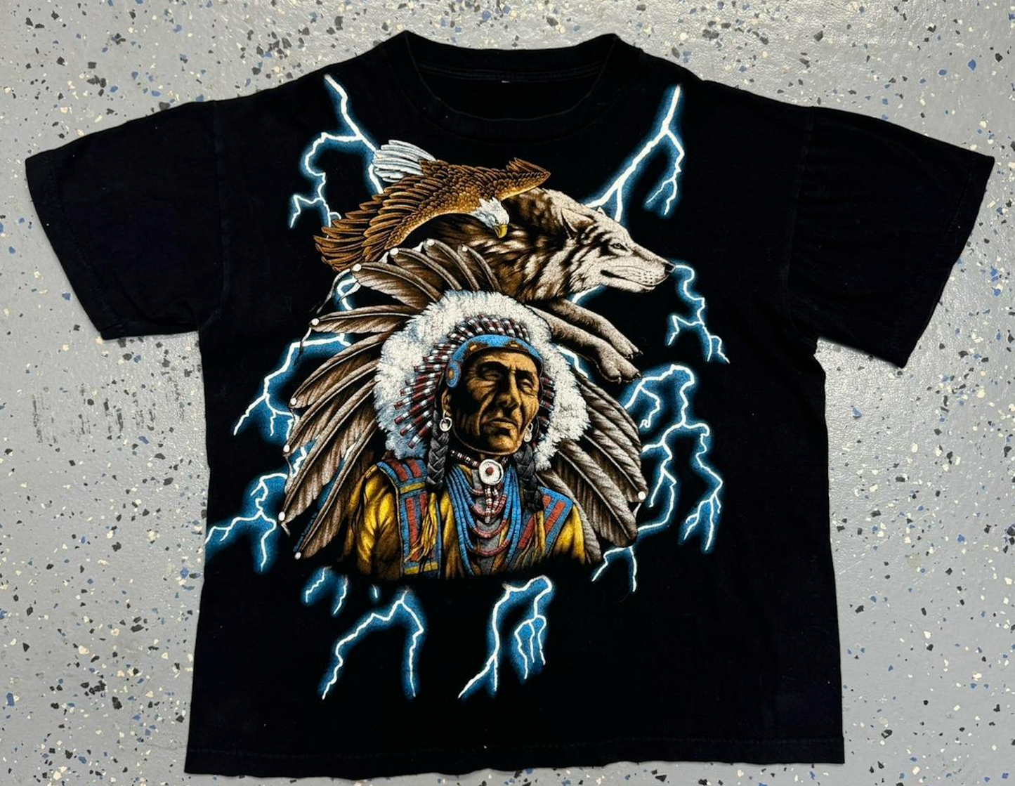 Rare Vintage 90s American Thunder Shirt Wolf Native American Lightning Bolts AOP Single Stitch Graphic Tee