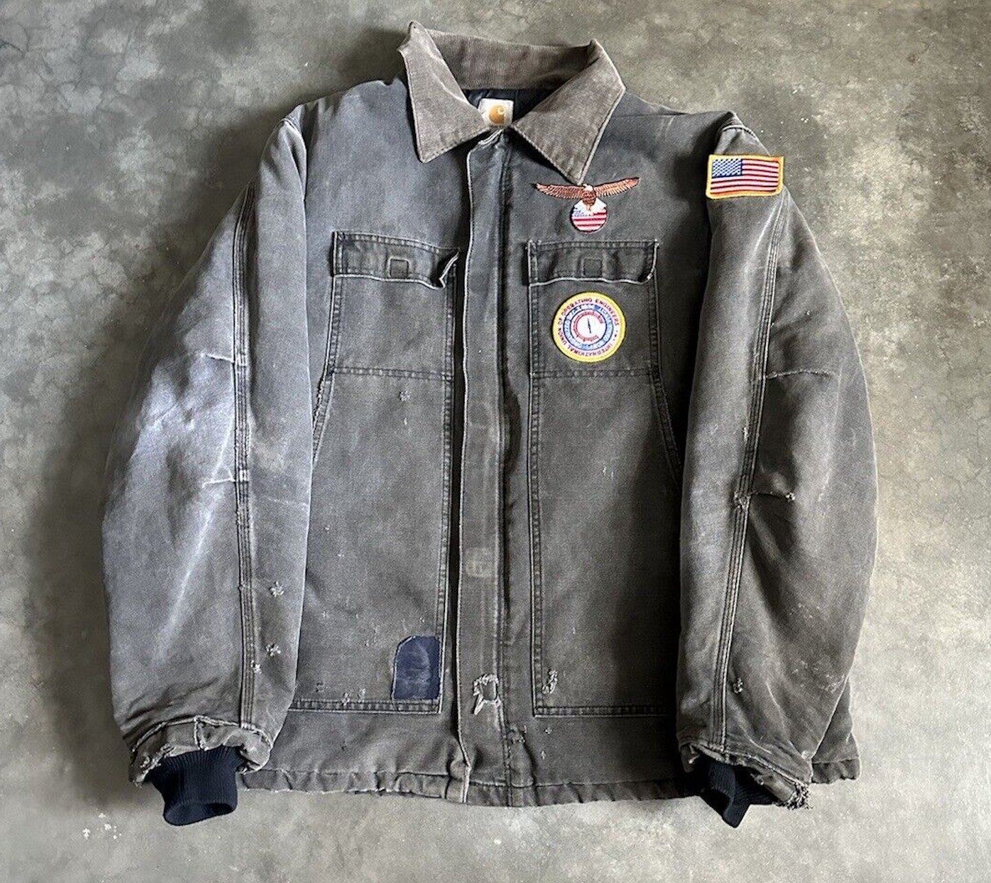 Vintage 90s Grey CARHARTT Distressed Faded Patched Quilt Lined Denim Chore Field Jacket