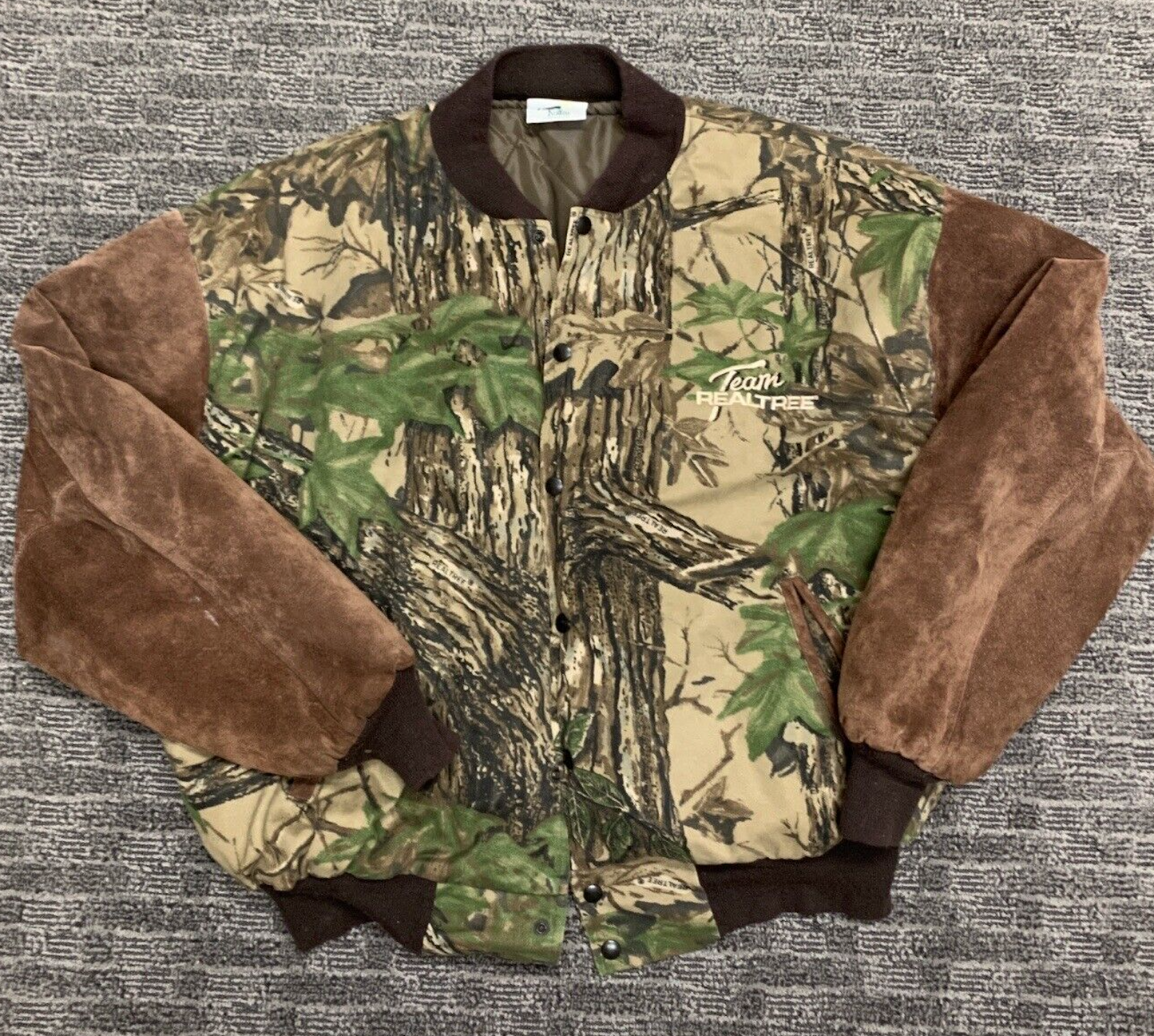 Vintage 90s Realtree Camo Jacket Quilted Lined Cotton &amp; Leather Suede Sleeve Bomber