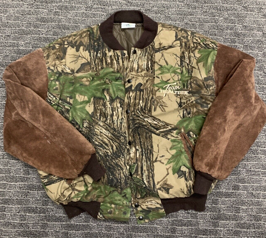 Vintage 90s Realtree Camo Jacket Quilted Lined Cotton &amp; Leather Suede Sleeve Bomber