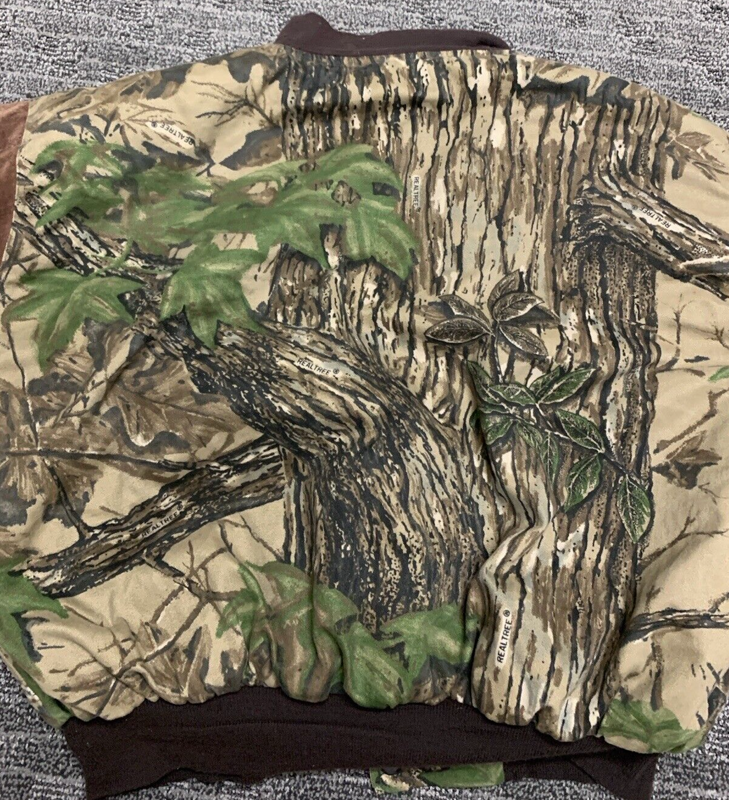 Vintage 90s Realtree Camo Jacket Quilted Lined Cotton &amp; Leather Suede Sleeve Bomber