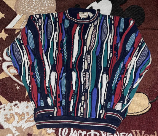 VTG 90s Cotton Traders Coogi Style 3D Cable Knit Chunky Sweater Textured Abstract Multicolor Jumper