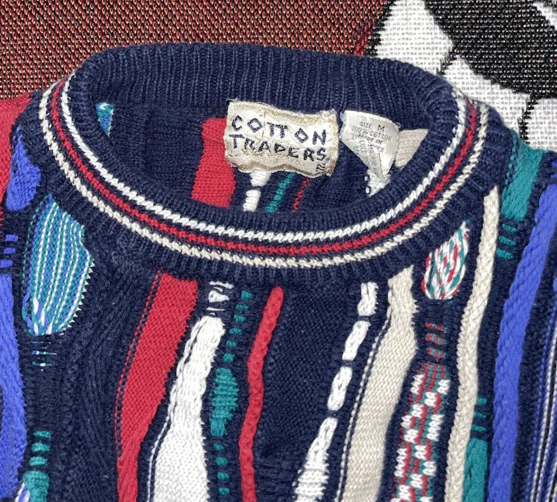 VTG 90s Cotton Traders Coogi Style 3D Cable Knit Chunky Sweater Textured Abstract Multicolor Jumper