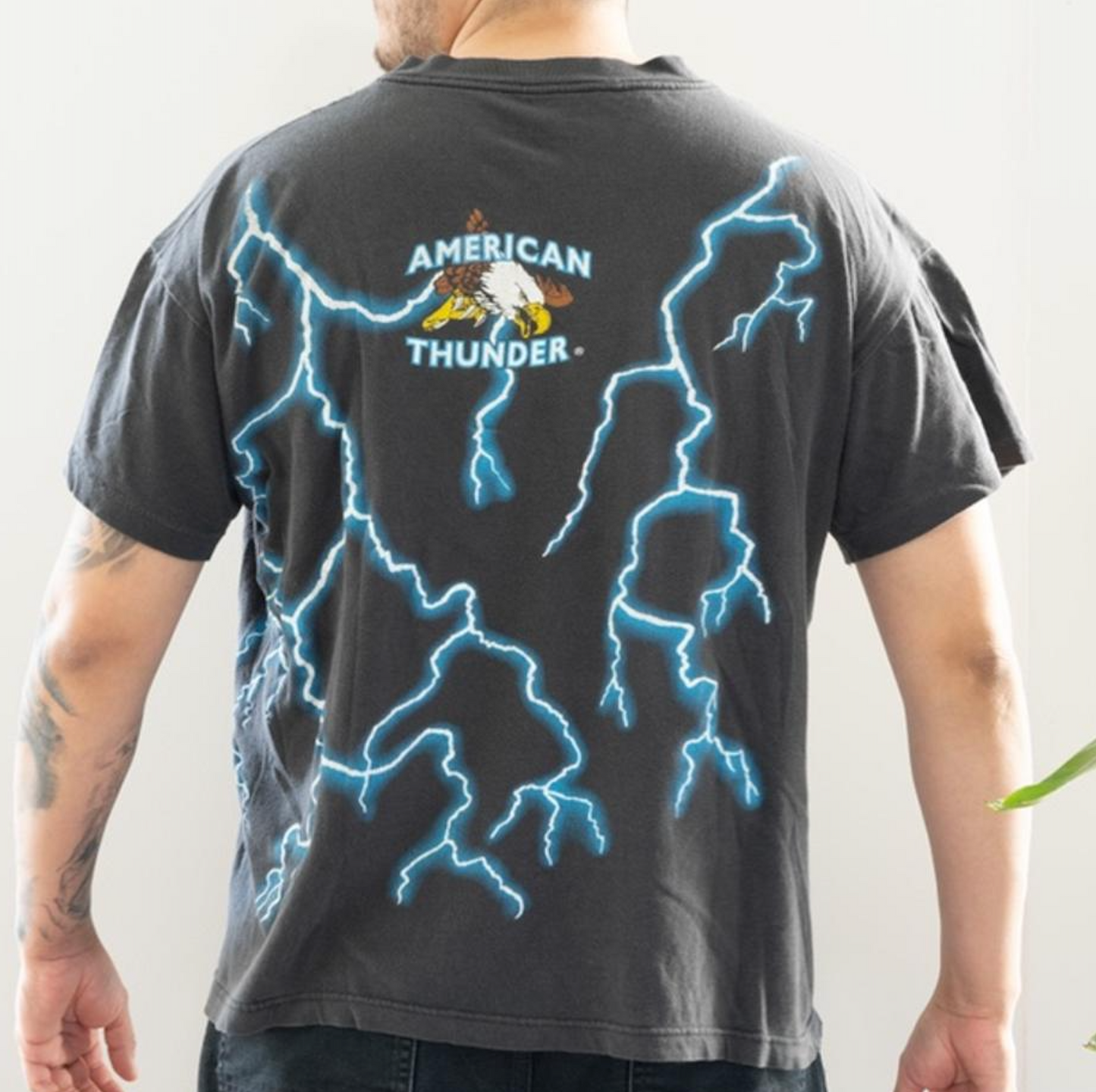 Vintage 90s American Thunder Shirt Wolf Native American Chief Lightning Bolts AOP Single Stitch Graphic Tee