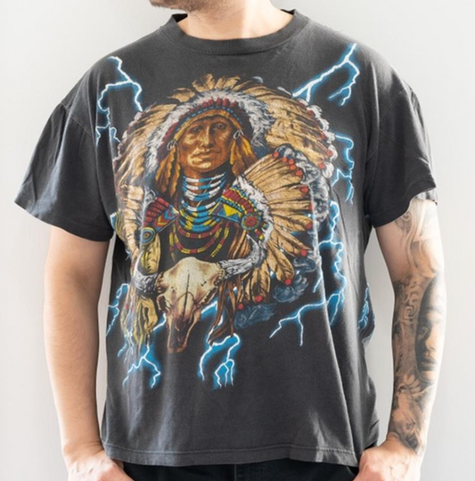 Vintage 90s American Thunder Shirt Wolf Native American Chief Lightning Bolts AOP Single Stitch Graphic Tee