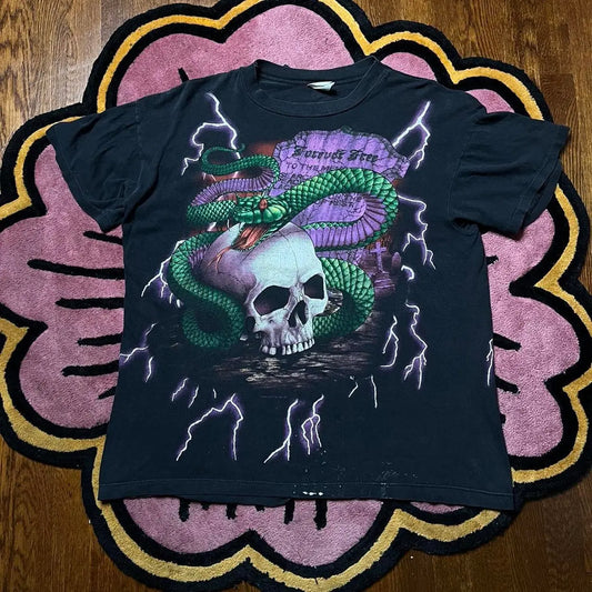 Vintage 90s American Thunder Daytona Bike Week All Over Print Shirt Skull Rattlesnake Forever Free Lightning Bolts AOP Single Stitch Carribean Dream Graphic Tee