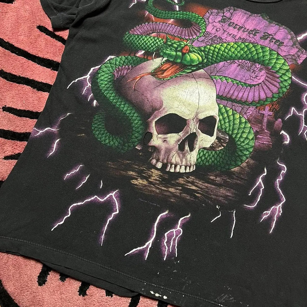 Vintage 90s American Thunder Daytona Bike Week All Over Print Shirt Skull Rattlesnake Forever Free Lightning Bolts AOP Single Stitch Carribean Dream Graphic Tee