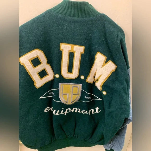 Vintage 90s BUM Equipment Wool & Denim Varsity Letterman Jacket Bomber