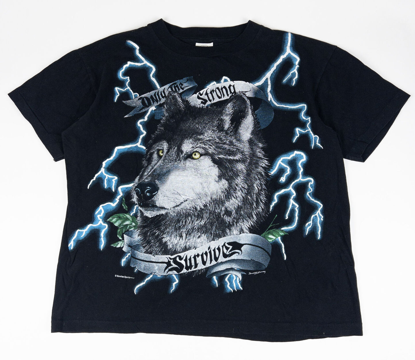 Vintage 90s USA American Thunder Wolf Lightning "Only the Strong Survive" AOP Graphic Shirt Single Stitch Tee