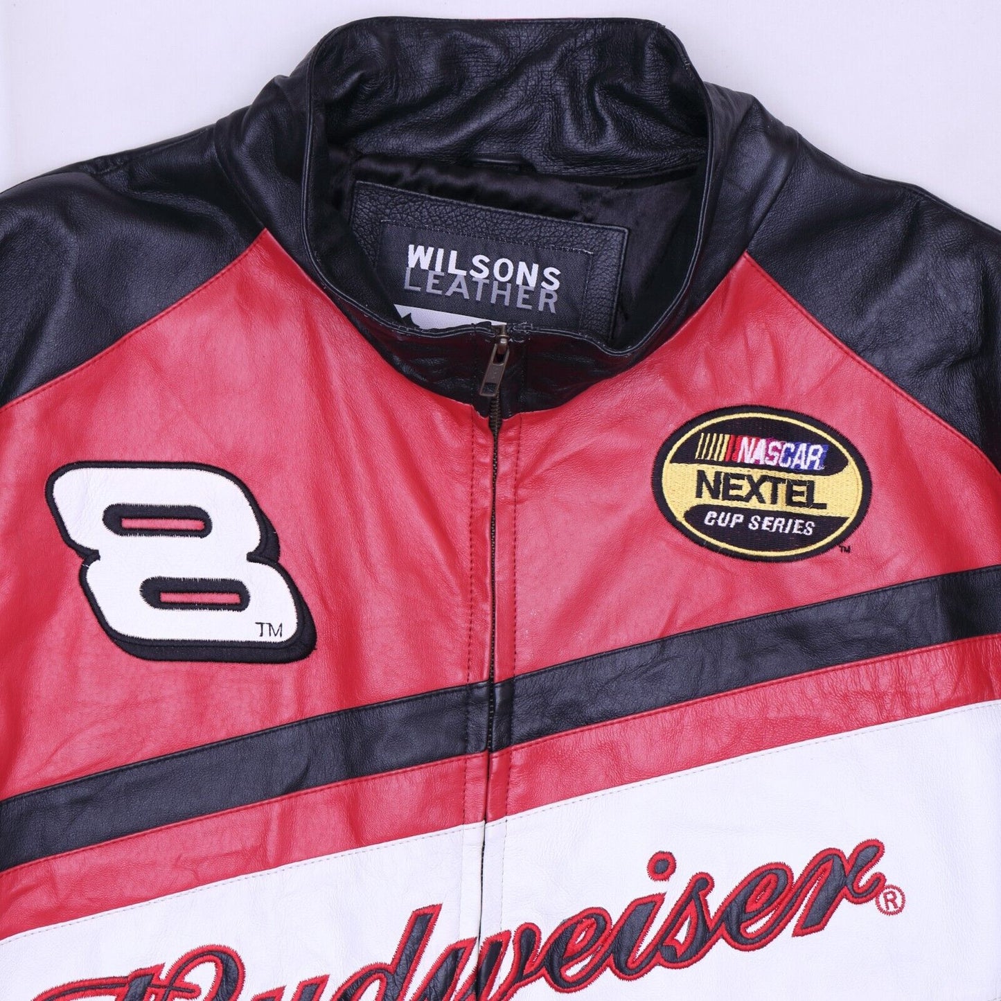 Vintage Y2K NASCAR Budweiser Dale Earnhardt Jr #8 Wilsons Leather Racing Jacket Chase Authentics Bomber