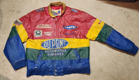 Vintage 90s NASCAR Jeff Gordon DuPont Winston Cup Distressed Leather Racing Jacket Pepsi Quaker State Jeff Hamilton Bomber