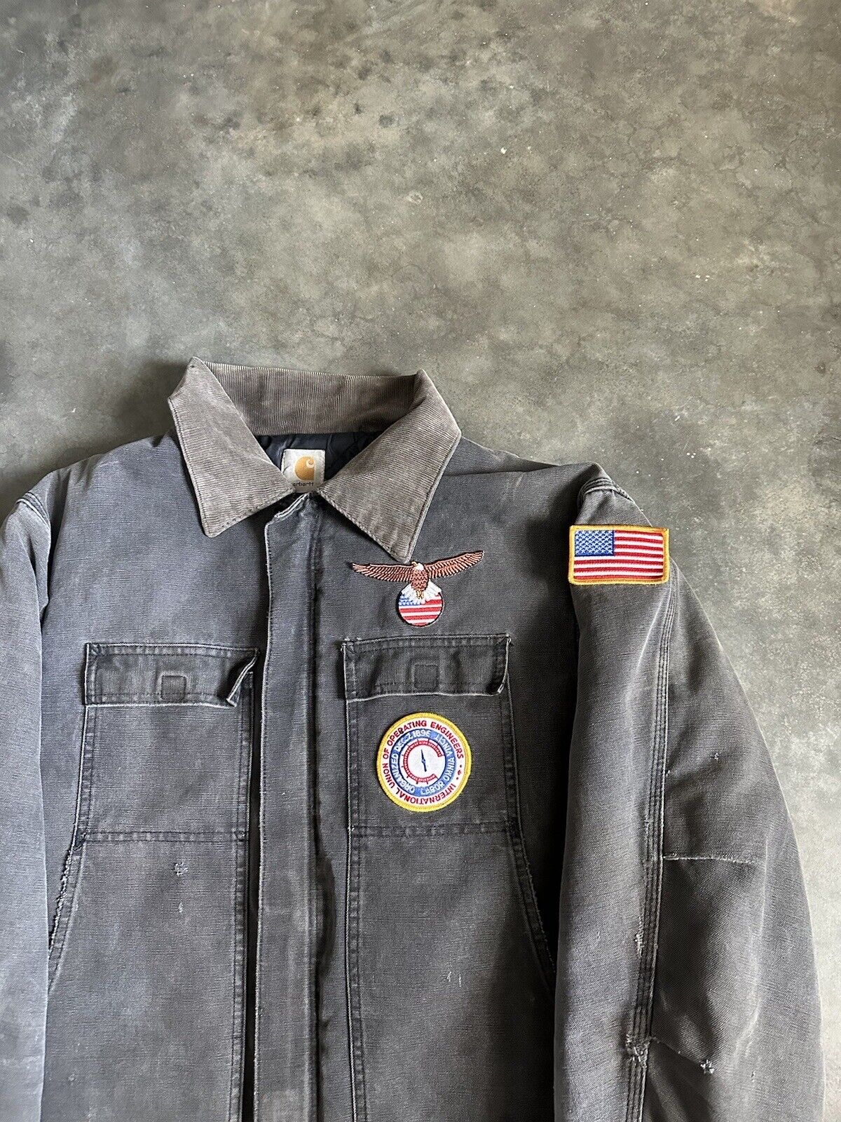 Vintage 90s Grey CARHARTT Distressed Faded Patched Quilt Lined Denim Chore Field Jacket