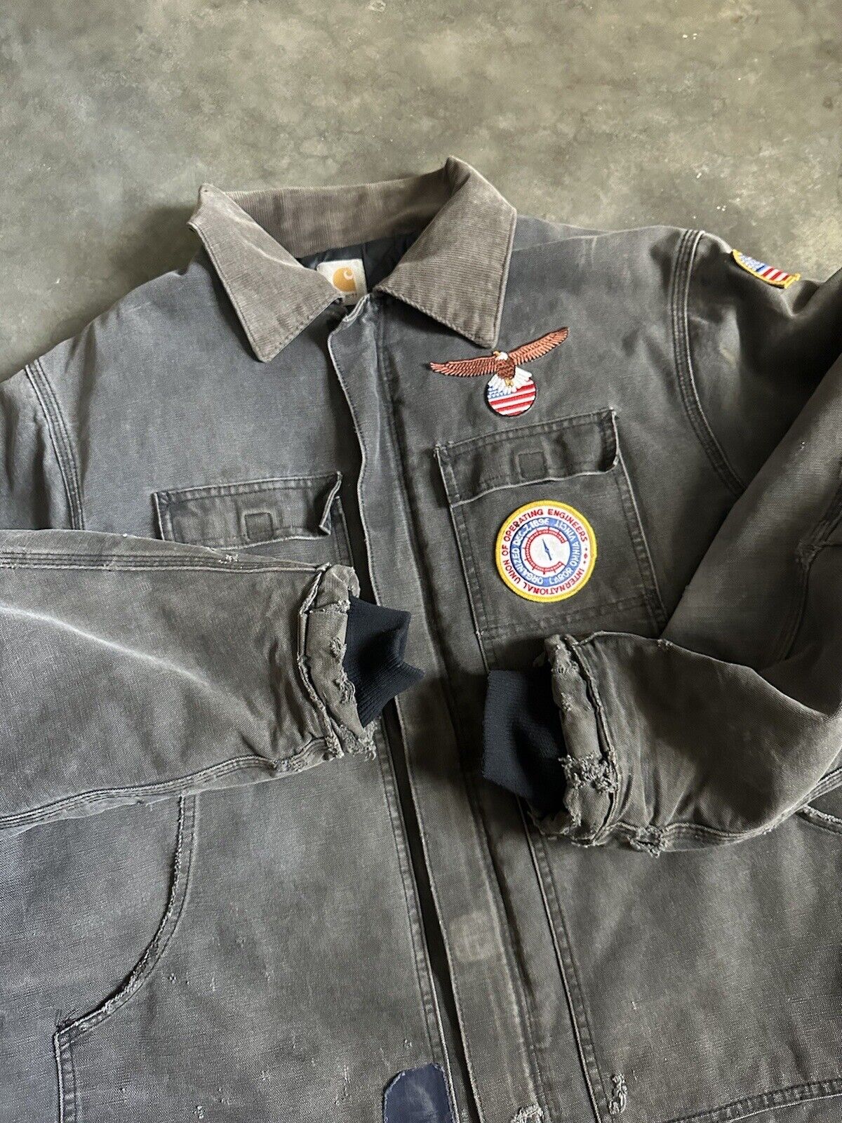 Vintage 90s Grey CARHARTT Distressed Faded Patched Quilt Lined Denim Chore Field Jacket