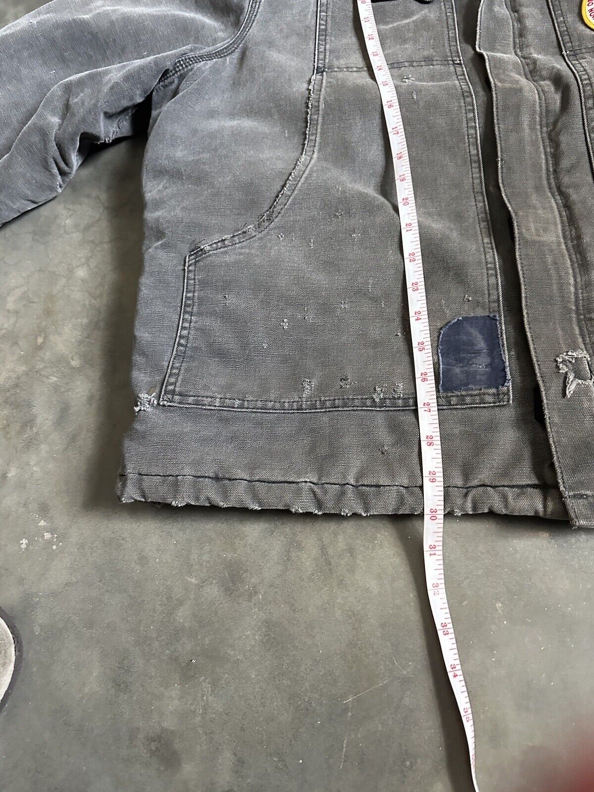 Vintage 90s Grey CARHARTT Distressed Faded Patched Quilt Lined Denim Chore Field Jacket