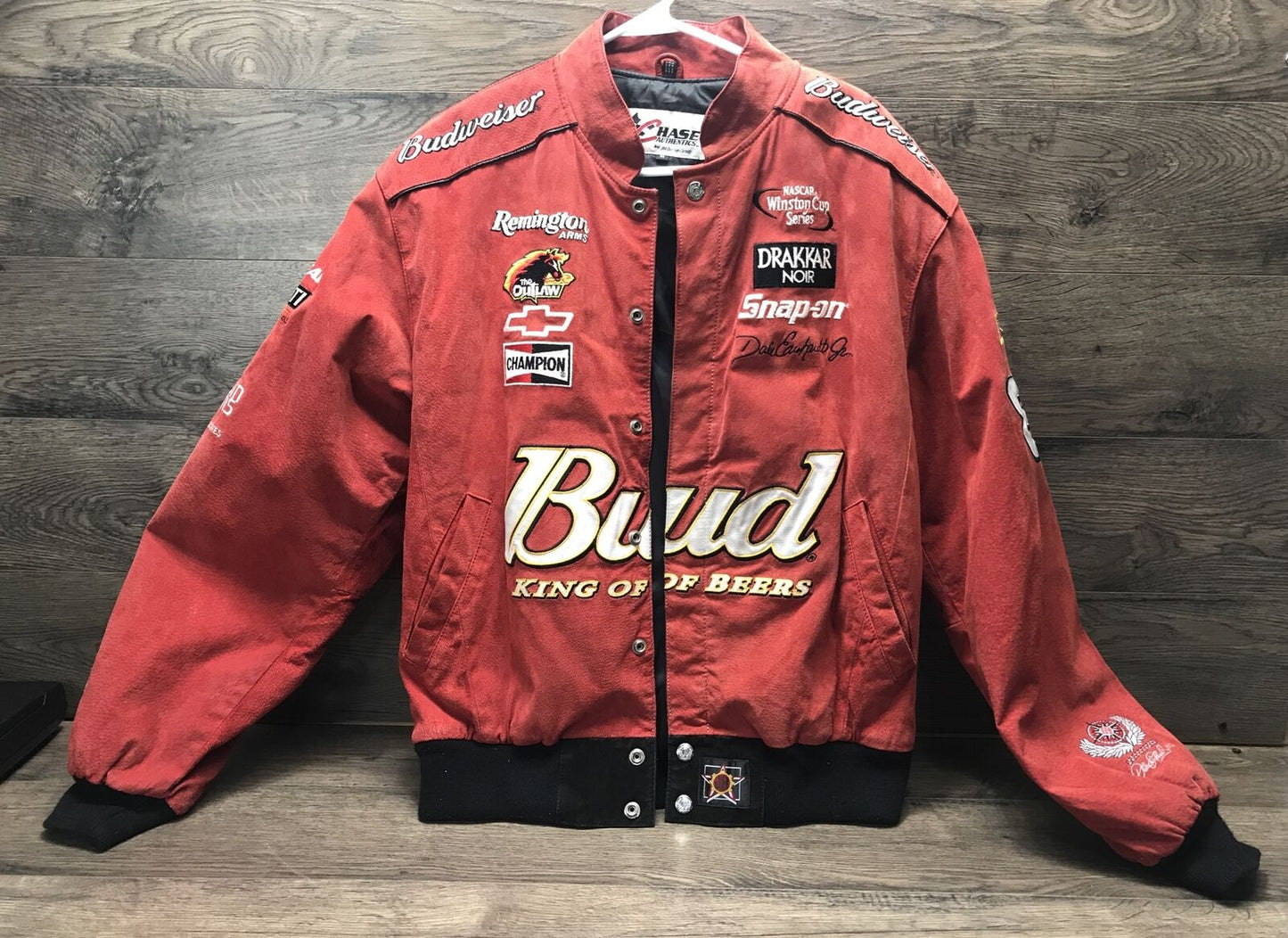 Vintage Y2K NASCAR Dale Earnhardt Jr Budweiser Suede Leather Racing Jacket Red Chase Authentics Bomber