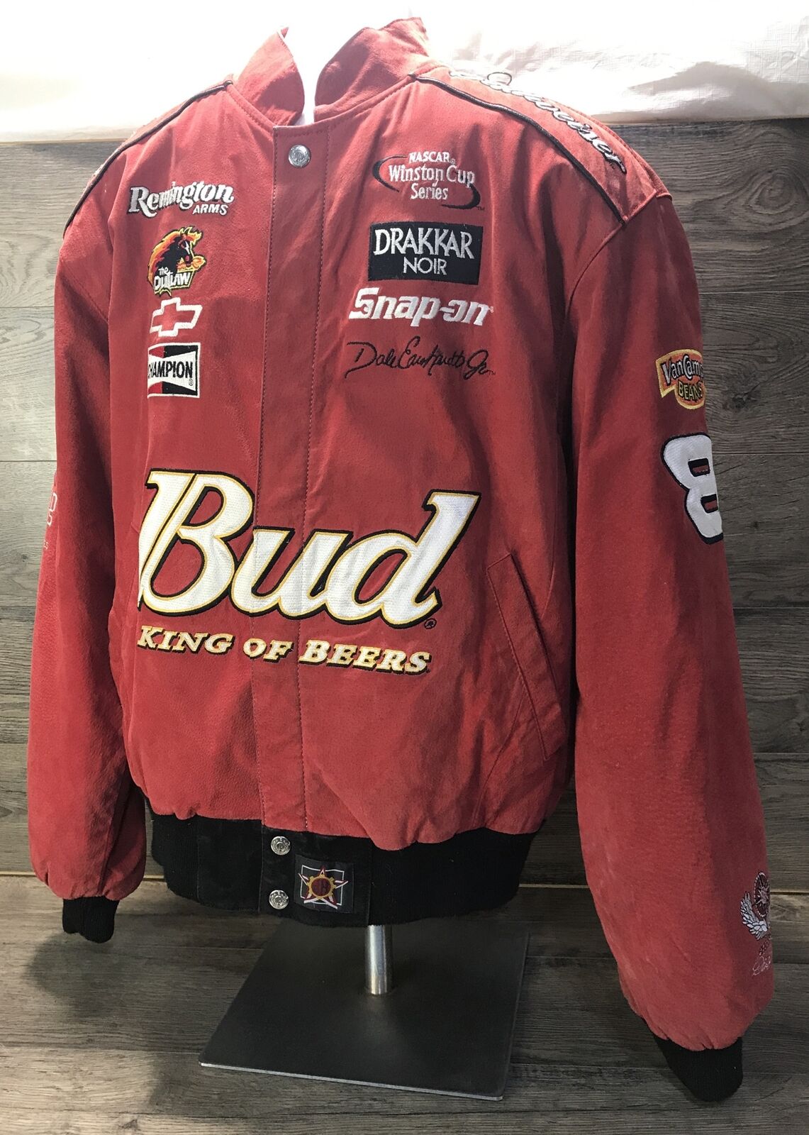 Vintage Y2K NASCAR Dale Earnhardt Jr Budweiser Suede Leather Racing Jacket Red Chase Authentics Bomber