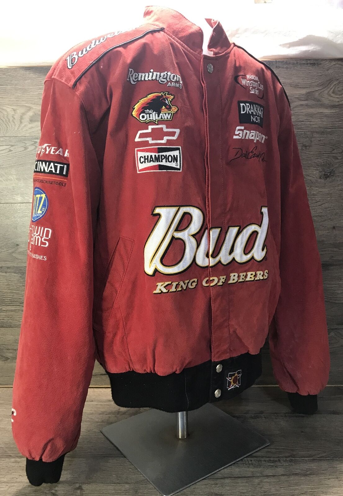 Vintage Y2K NASCAR Dale Earnhardt Jr Budweiser Suede Leather Racing Jacket Red Chase Authentics Bomber