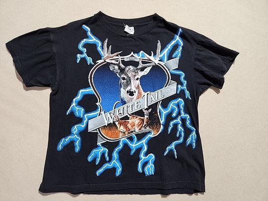 Rare Vintage 90s USA / American Thunder White Tail Deer Shirt Rare All Over Print Single Stitch Lightning Bolts