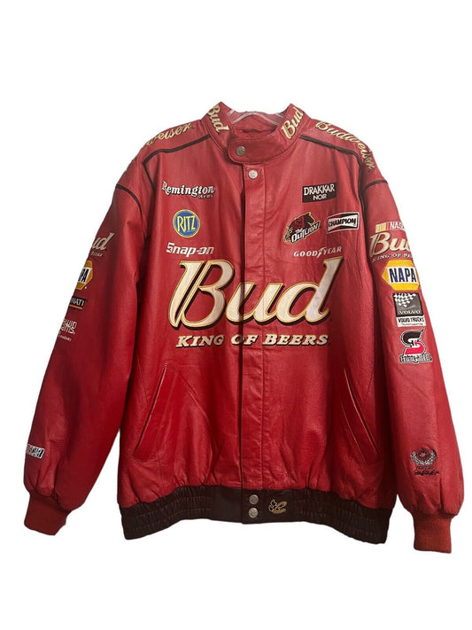 Vintage 90s NASCAR Budweiser Dale Earnhardt Jr Red Leather Racing Jacket Ritz Snap-on Goodyear NAPA Chase Authentics Bomber