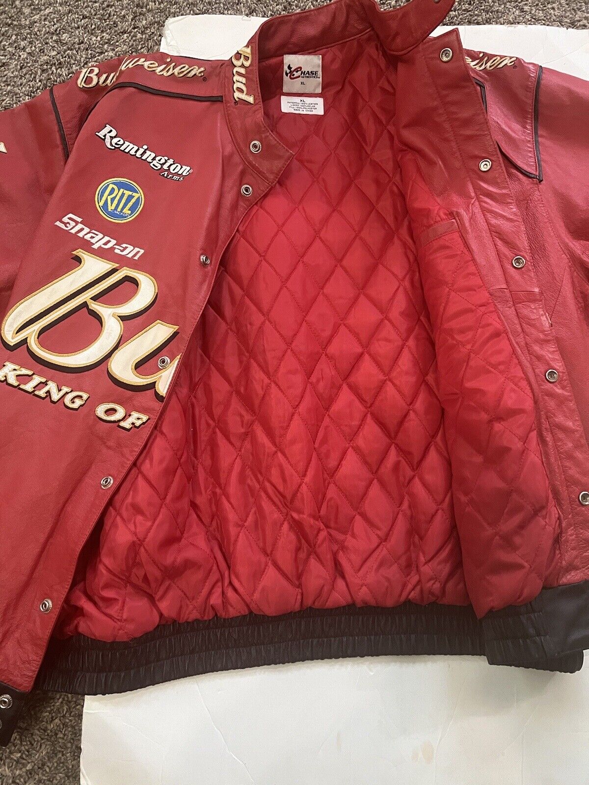 Vintage 90s NASCAR Budweiser Dale Earnhardt Jr Red Leather Racing Jacket Ritz Snap-on Goodyear NAPA Chase Authentics Bomber