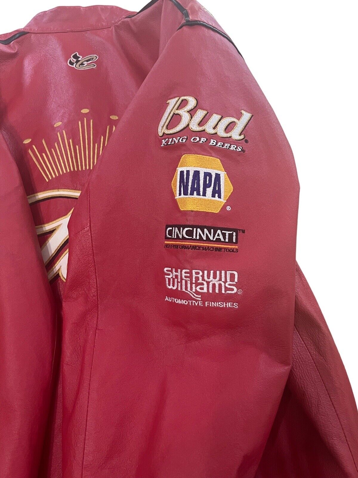 Vintage 90s NASCAR Budweiser Dale Earnhardt Jr Red Leather Racing Jacket Ritz Snap-on Goodyear NAPA Chase Authentics Bomber