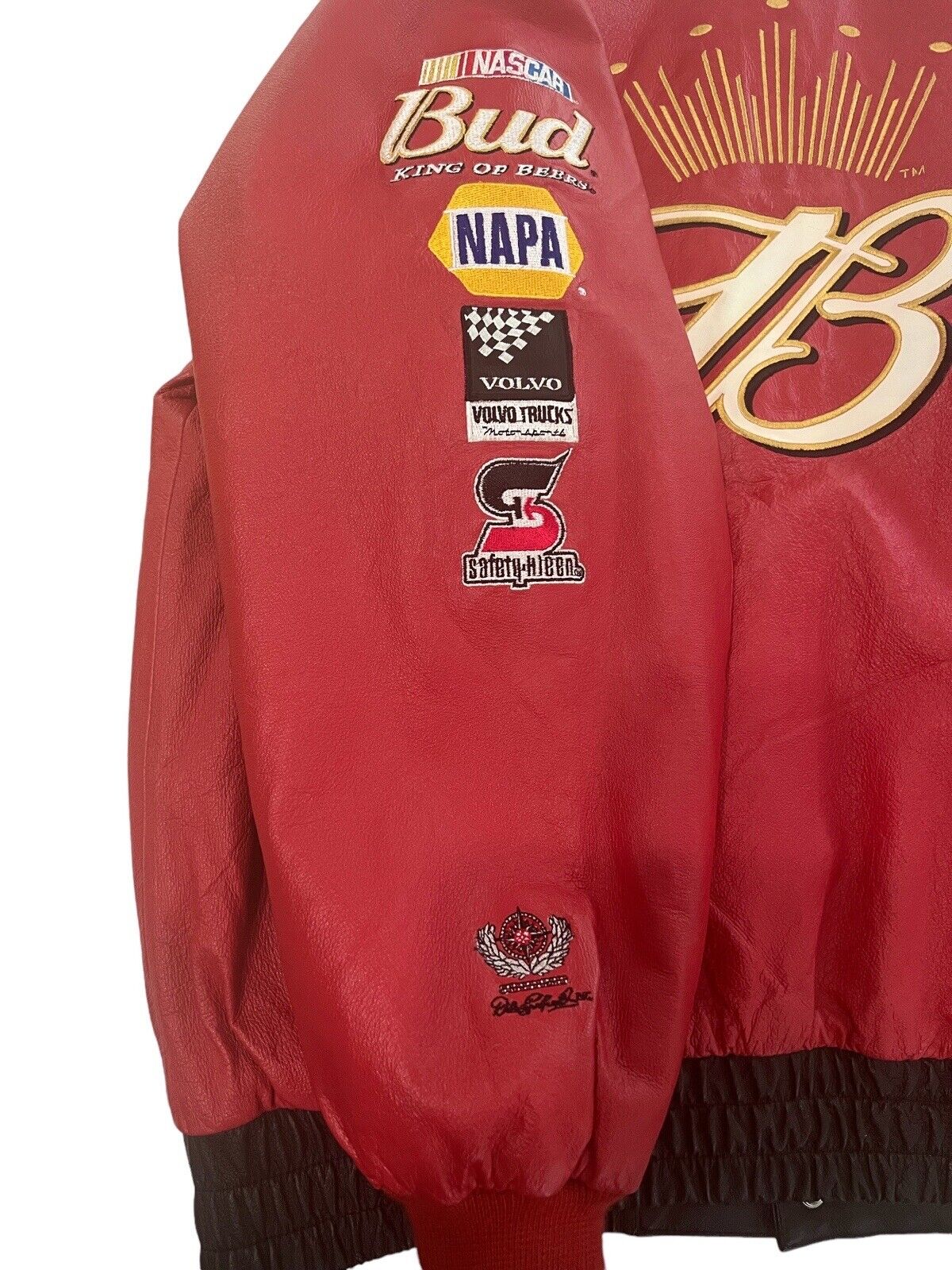 Vintage 90s NASCAR Budweiser Dale Earnhardt Jr Red Leather Racing Jacket Ritz Snap-on Goodyear NAPA Chase Authentics Bomber