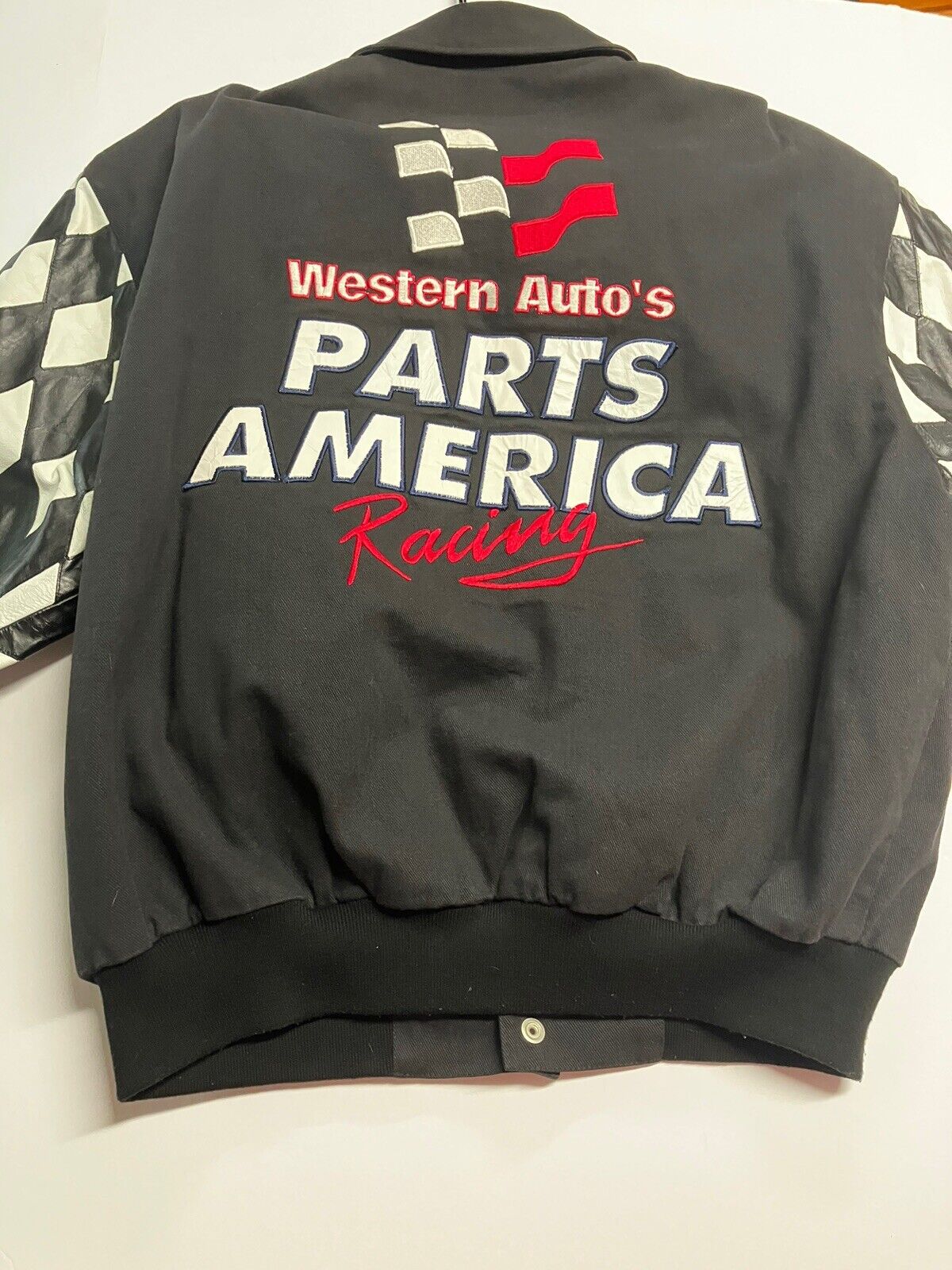 Vintage 90s Jeff Hamilton NASCAR Darrell Waltrip Western Auto Parts America Racing Jacket Cotton &Leather Bomber