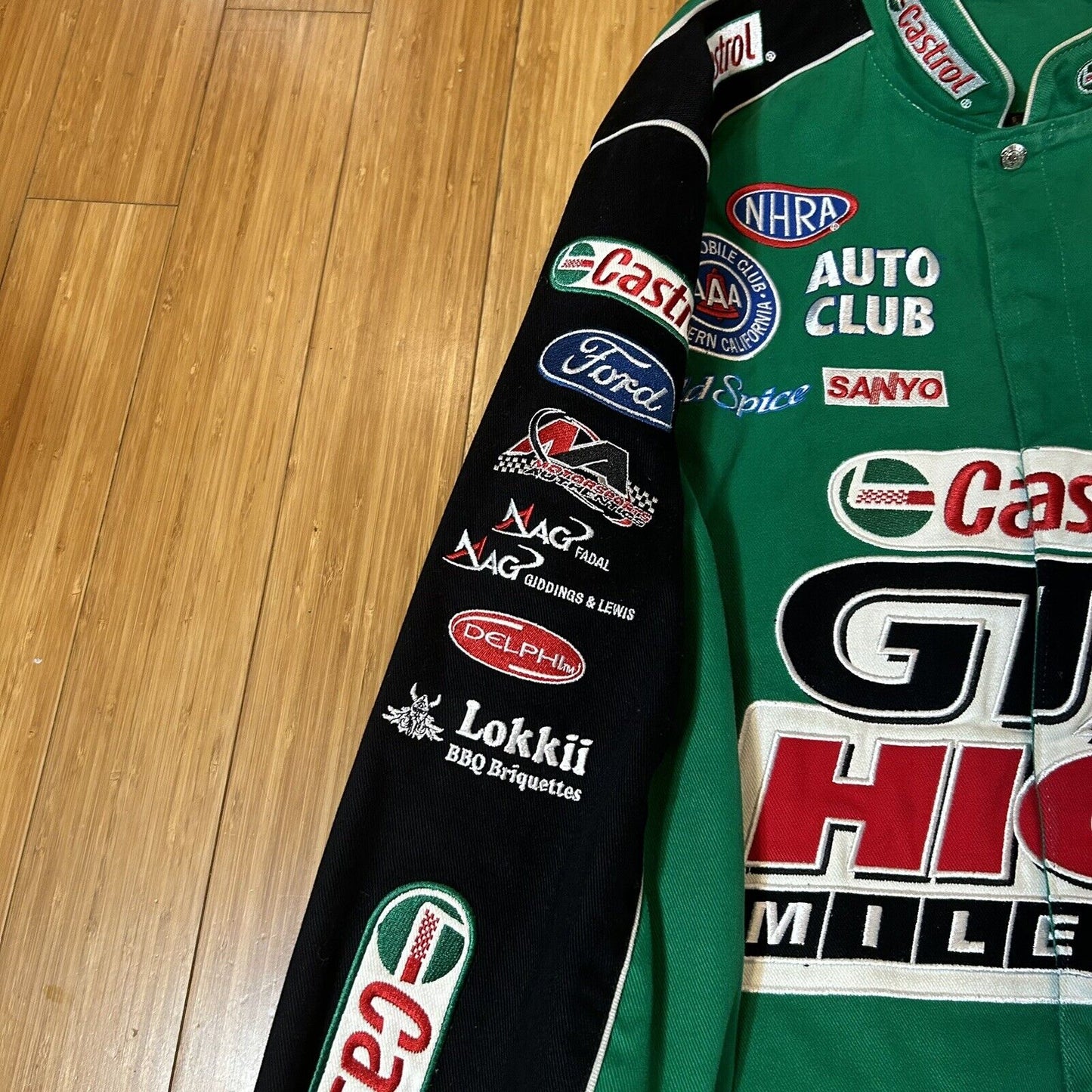 Vintage 90s Castrol GTX High Mileage Racing NASCAR Jacket Main Gate Jeff Hamilton Bomber